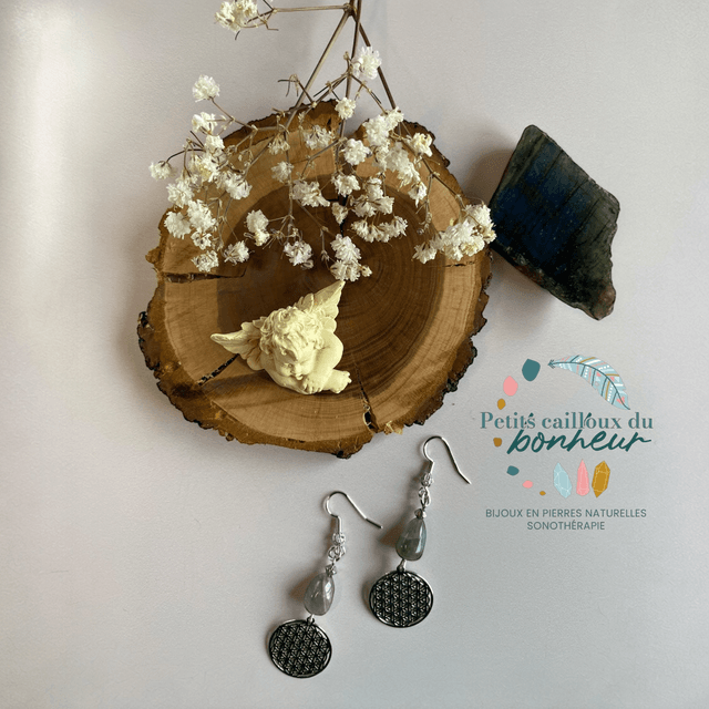 Boucles d’oreilles en Labradorite et fleur de vie – Aura protectrice & Intuition