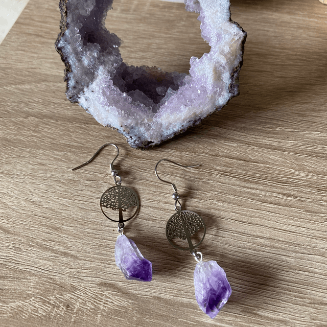 Boucles d’oreilles arbre de vie en Améthyste brute